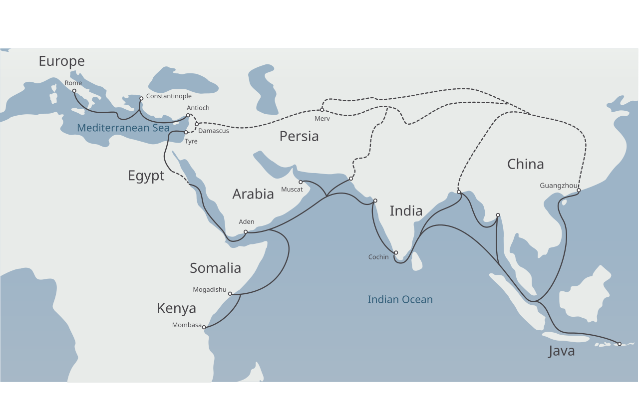 A map showing major Silk Road routes across Eurasia.